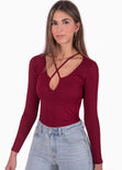 Blusa manga larga y escote con recogido color vino para mujer - Flashy