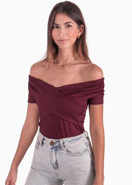 Blusa off shoulder con cruce en escote color vino para mujer - Flashy