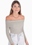 Blusa off shoulder manga larga color gris para mujer - Flashy
