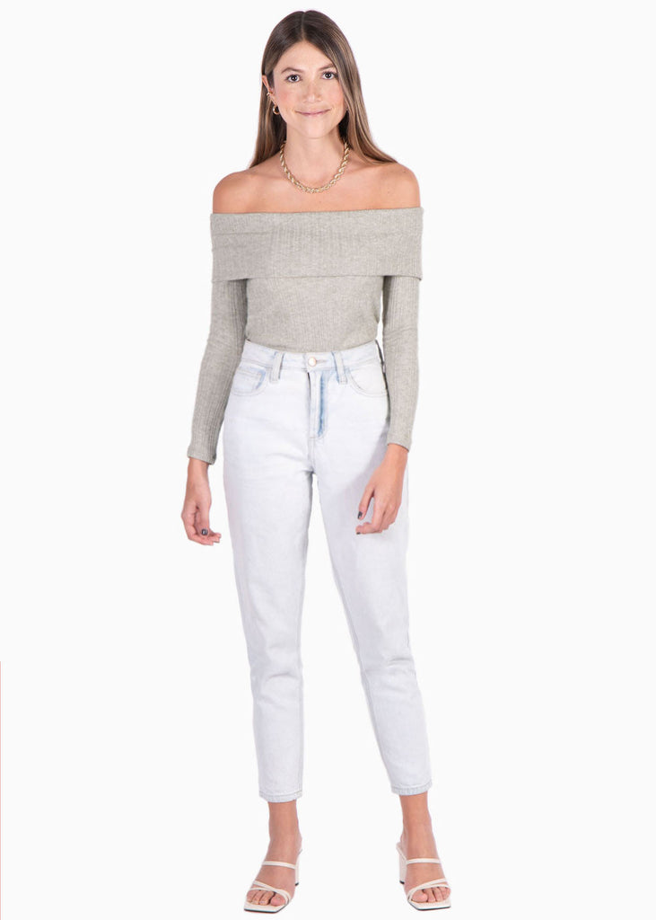Blusa off shoulder manga larga color gris para mujer - Flashy