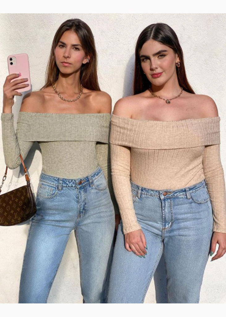 Blusa off shoulder manga larga color gris para mujer - Flashy