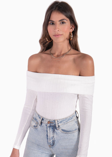 Blusa off shoulder manga larga color blanco para mujer - Flashy