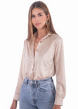 Blusa satinada manga larga con botones y cuello color beige para mujer - Flashy