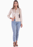 Blusa satinada manga larga con botones y cuello color beige para mujer - Flashy