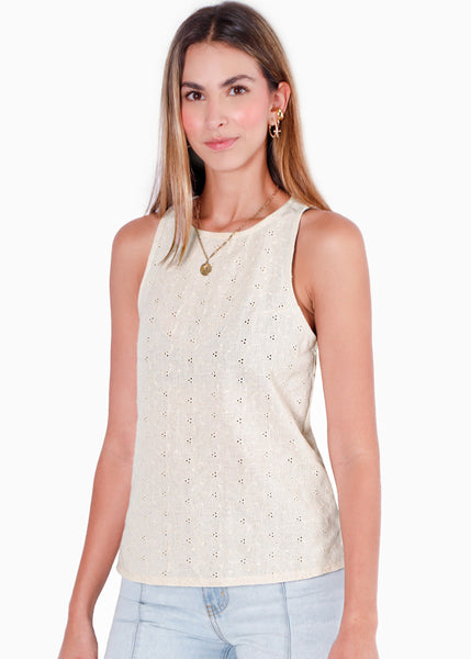 Blusa sin mangas con abotonado en espalda y de ojalillo color beige para mujer - Flashy
