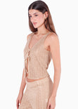 Blusa sin mangas con anudado en frente y abertura color dorado para mujer - Flashy