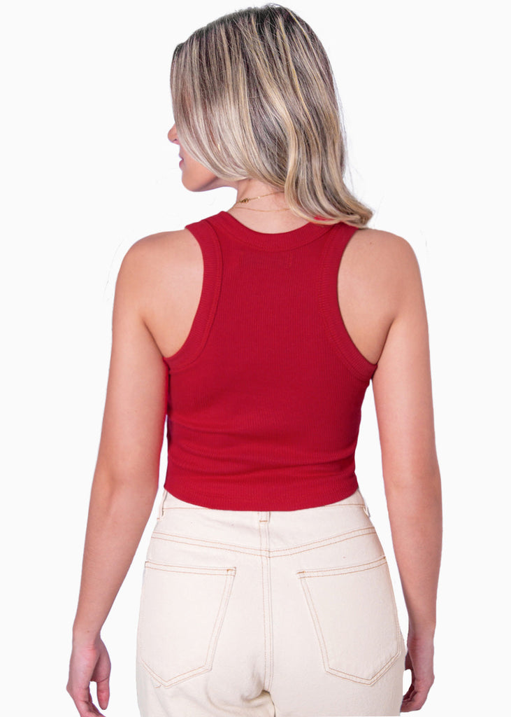 Blusa sin mangas con cuello halter y bordado "Self love club" color rojo para mujer - Flashy