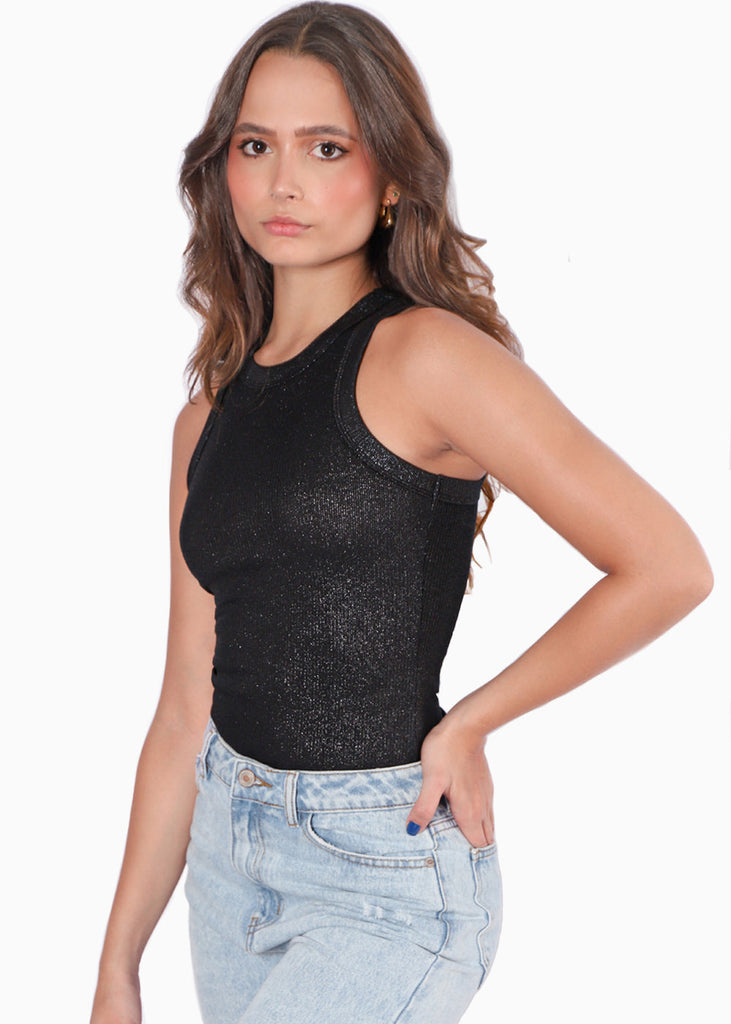 Blusa sin mangas con efecto brillo color negro para mujer - Flashy