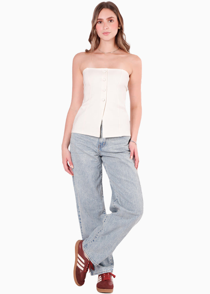 Blusa strapless con botones color blanco, marfil para mujer - Flashy