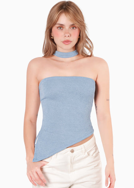 Blusa strapless con choker y abertura en costado - CLAVELINA