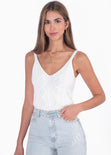 Blusa tejida de tiras con escote en v color blanco, marfil para mujer - Flashy