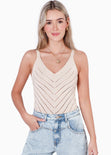 Blusa tejida de tiras con escote en v color beige para mujer - Flashy