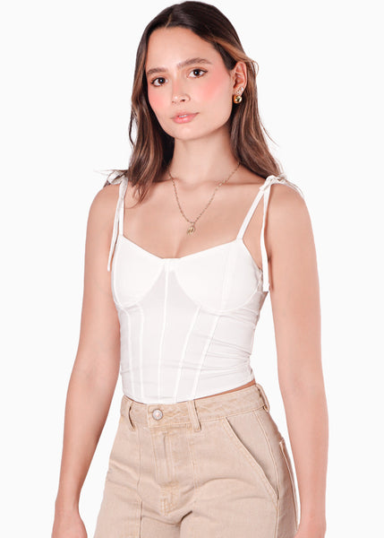 Blusa tipo corset con cargaderas anudadas color blanco, marfil para mujer - Flashy