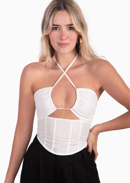 Blusa tipo corset con escote cruzado color blanco para mujer - Flashy