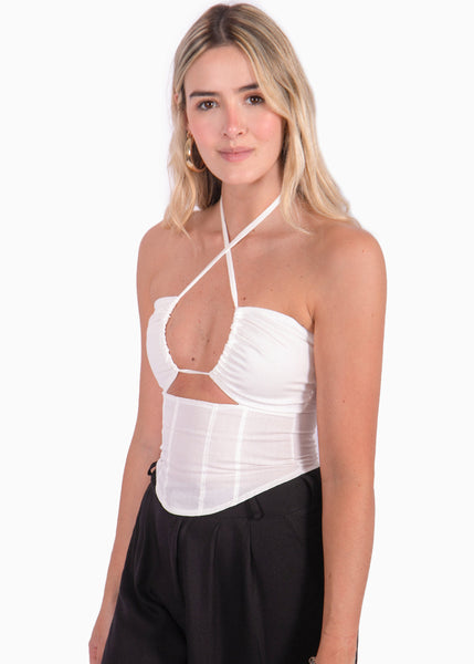 Blusa tipo corset con escote cruzado color blanco para mujer - Flashy