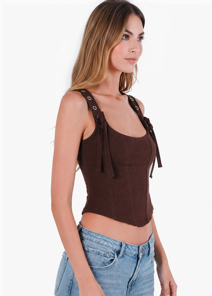Blusa tipo corset con ojaletes en las cargaderas de color café- NERUDA
