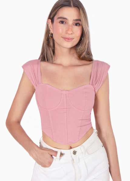 Blusa tipo corset con mangas efecto drapeado color rosado para mujer - Flashy