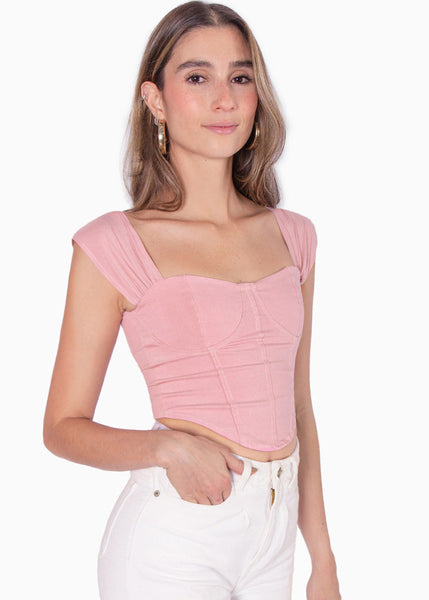 Blusa tipo corset con mangas efecto drapeado color rosado para mujer - Flashy
