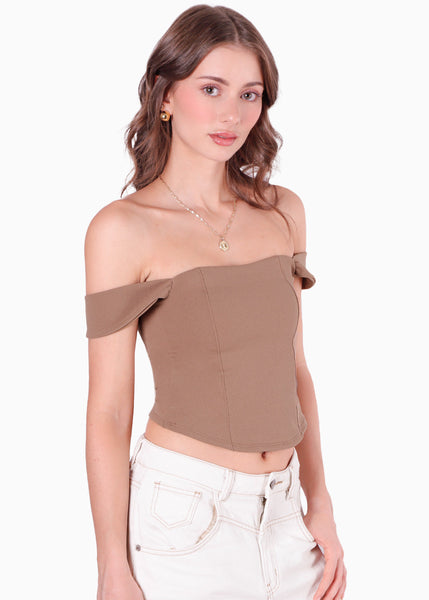 Blusa tipo corset y mangas caídas color café para mujer - Flashy