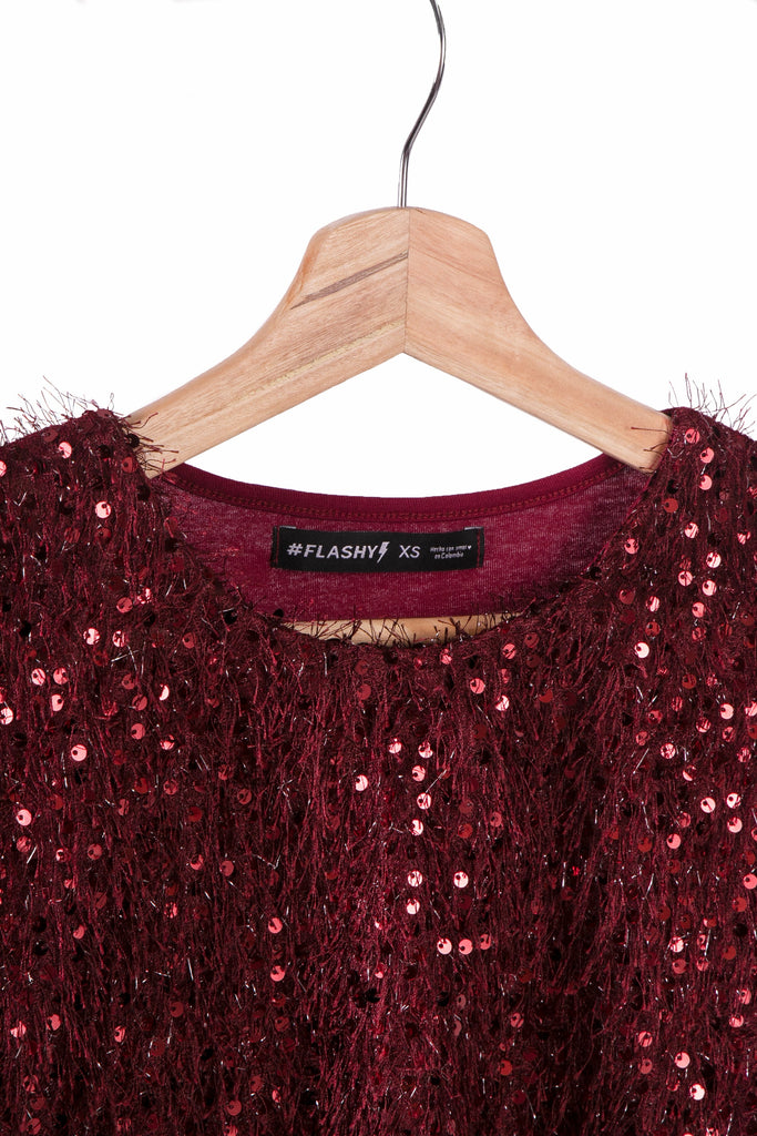 Blusa crop manga corta con lentejuelas color vino para mujer - Flashy