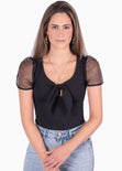 Body con escote anudado y mangas en organza color negro para mujer - Flashy