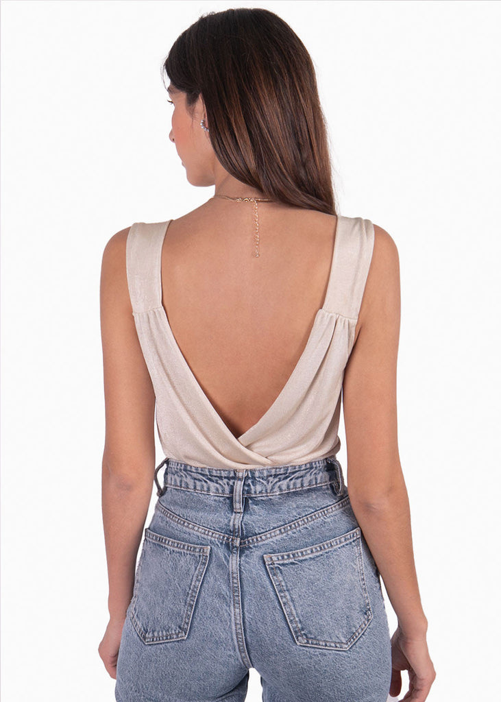 Body de tiras con drapeado en escote y espalda color beige para mujer - Flashy