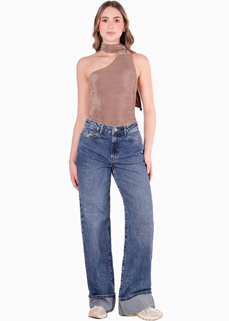 Body de un solo hombro con gargantilla color beige para mujer - Flashy