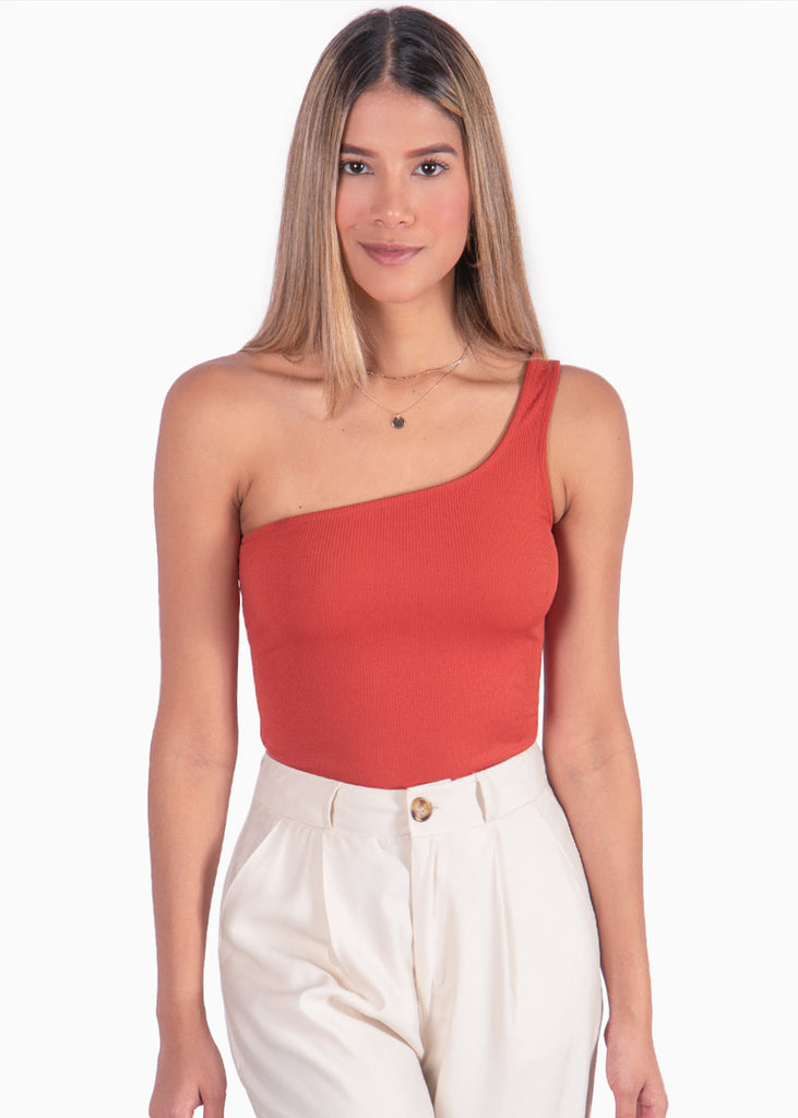 Body de un solo hombro color terracota para mujer - Flashy