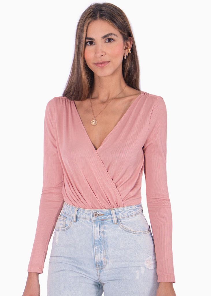 Body drapeado manga larga color rosado para mujer - Flashy