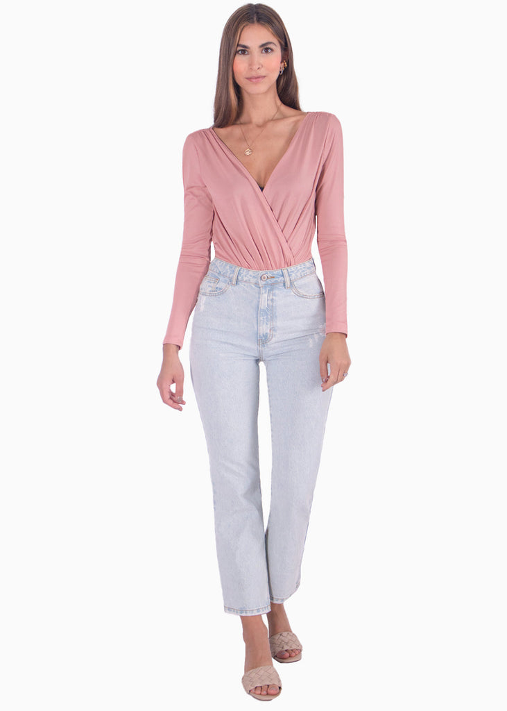 Body drapeado manga larga color rosado para mujer - Flashy