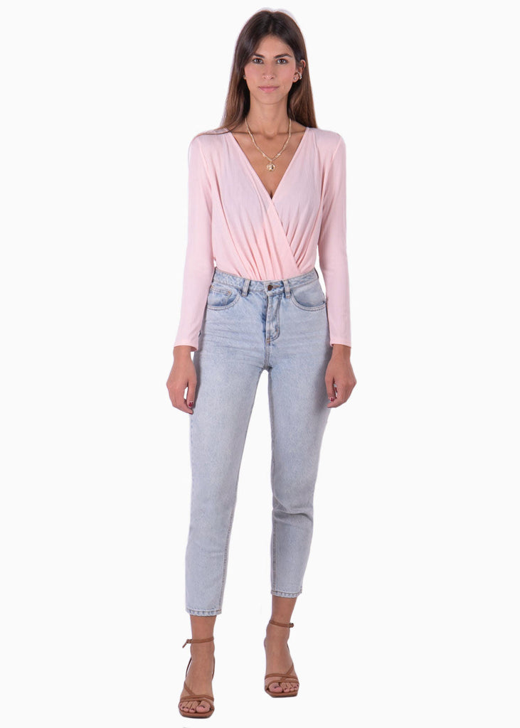 Body drapeado manga larga color rosado para mujer - Flashy