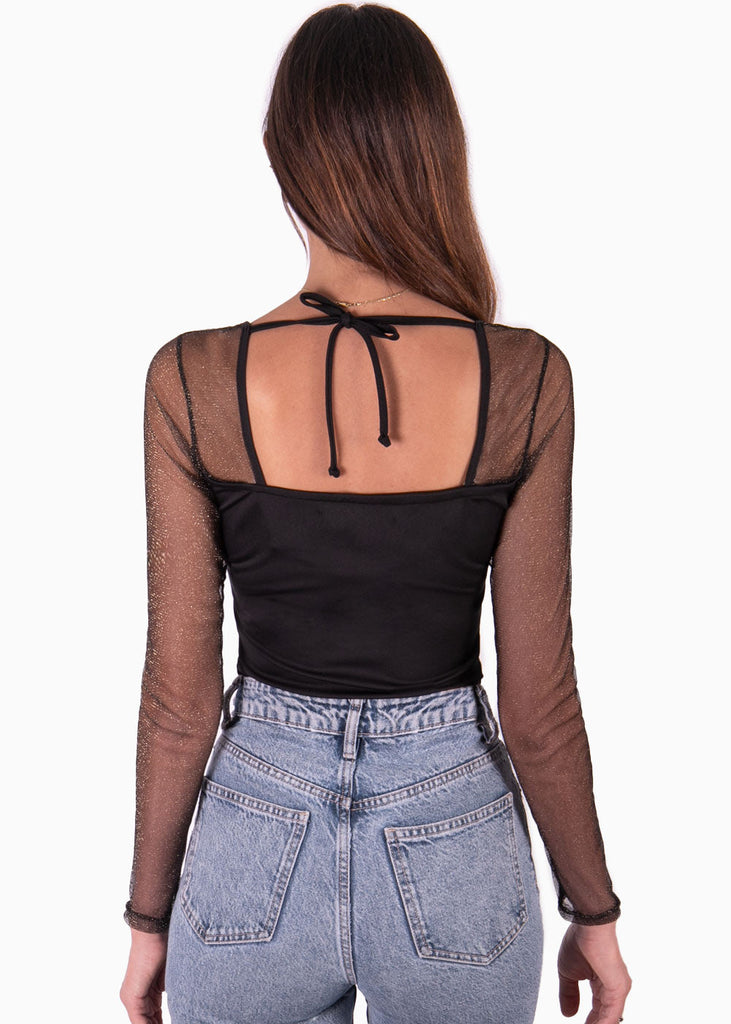 Body manga larga con escote cuadrado color negro para mujer - Flashy