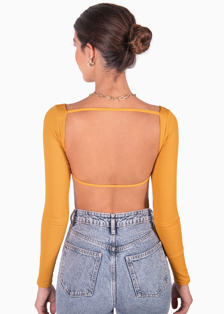Body manga larga con espalda descubierta color amarillo, mostaza para mujer - Flashy