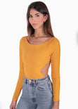 Body manga larga con espalda descubierta color amarillo, mostaza para mujer - Flashy