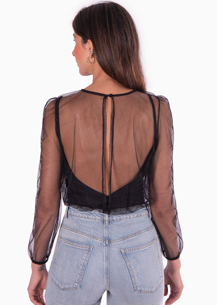 Body manga larga con transparencia color negro para mujer - Flashy