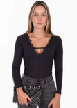 Body manga larga con encaje en escote para mujer - Flashy