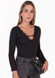 Body manga larga con encaje en escote para mujer - Flashy