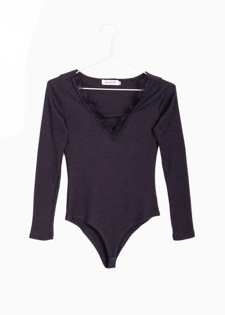 Body manga larga con encaje en escote para mujer - Flashy