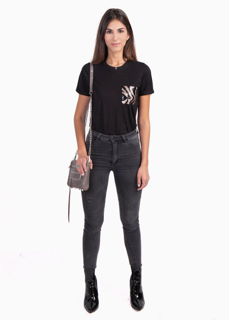 Camiseta con bolsillo de lentejuelas para mujer - Flashy