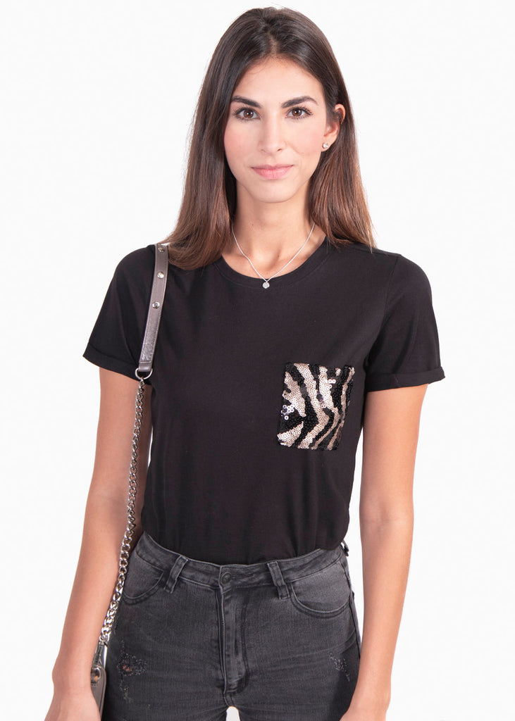 Camiseta con bolsillo de lentejuelas para mujer - Flashy