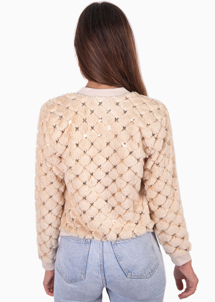 Chaqueta bomber con piel sintética y lentejuelas color beige para mujer - Flashy