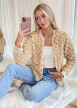 Chaqueta bomber con piel sintética y lentejuelas color beige para mujer - Flashy
