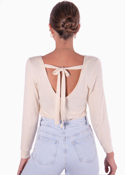 Buzo con escote cruzado y espalda descubierta color beige para mujer - Flashy