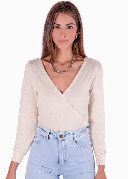 Buzo con escote cruzado y espalda descubierta color beige para mujer - Flashy