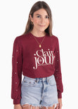 Buzo con estampado "Clair de jour" y perlas en mangas color vino para mujer - Flashy