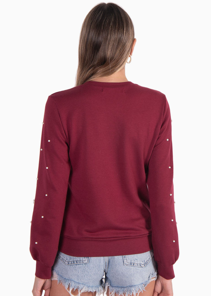 Buzo con estampado "Clair de jour" y perlas en mangas color vino para mujer - Flashy