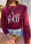 Buzo con estampado "Clair de jour" y perlas en mangas color vino para mujer - Flashy
