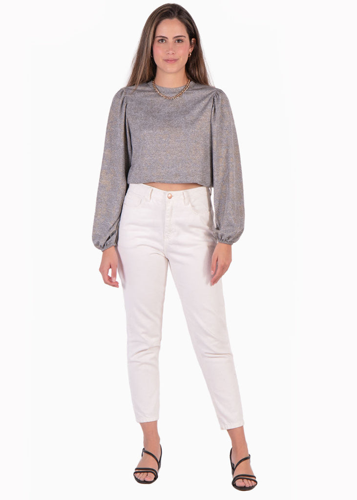 Buzo con mangas embombadas y tela metalizada color gris para mujer - Flashy