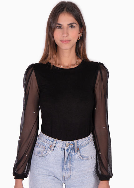 Buzo con mangas en chifón con apliques de perlas color negro para mujer - Flashy
