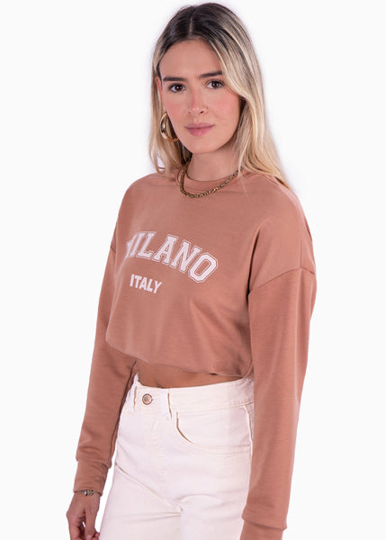 Buzo corto con estampado "Milano" color café, camel para mujer - Flashy